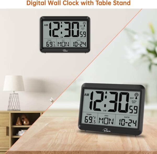 WallarGe Atomic Clock Battery Operated - Large Display Digital Alarm Clock with Seconds and Indoor Temeperature, 4 Time Zones, DST - Image 4