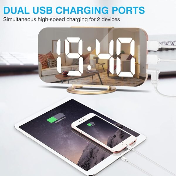 Digital Alarm Clock,6" Large LED Display with Dual USB Charger Ports | Auto Dimmer Mode | Easy Snooze Function, Modern Mirror Desk Wall Clock for Bedroom Home Office for All People (Gold) - Image 6