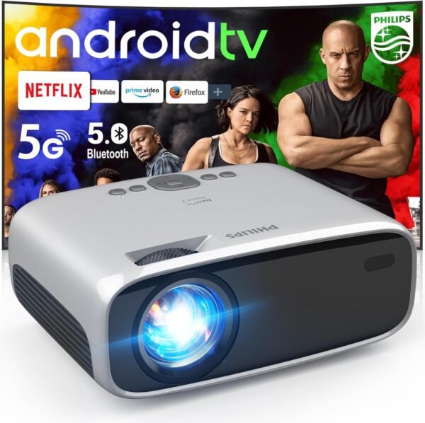 PHILIPS Android TV Projector with Apps and 5G WiFi Bluetooth - Smart Projector Built-in Netflix, YouTube, Outdoor Movie Projector 4D 4P Keystone, Zoom, Compatible w/ iOS/Android/Xbox/PS4/TV Stick/HDMI - Image 2