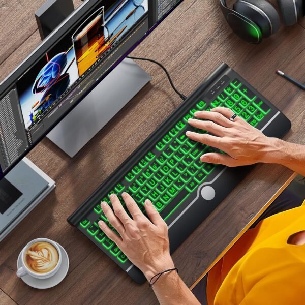 Computer Wired Keyboard, Large Print Backlit Keyboard with Wrist Rest, 7-Colors Backlit, Plug and Play, Foldable Stands, Spill-Resistant, Corded Full Size Keyboard for Windows, PC, Laptop - Image 3