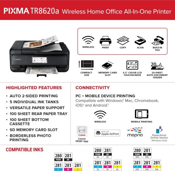 Canon PIXMA TR8620a - All-in-One Printer Home Office|Copier|Scanner|Fax|Auto Document Feeder | Photo, Document | Airprint (R), Android, Black, Works with Alexa - Image 7