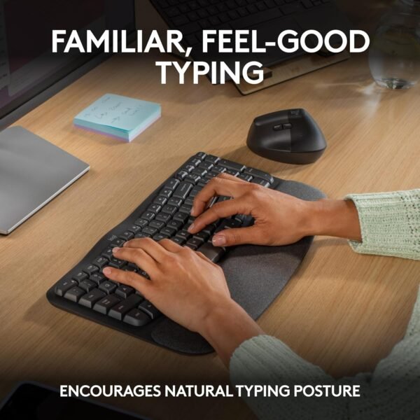 Logitech Wave Keys Wireless Ergonomic Keyboard with Cushioned Palm Rest, Comfortable Natural Typing, Easy-Switch, Bluetooth, Logi Bolt Receiver, for Multi-OS, Windows/Mac - Graphite - Image 4
