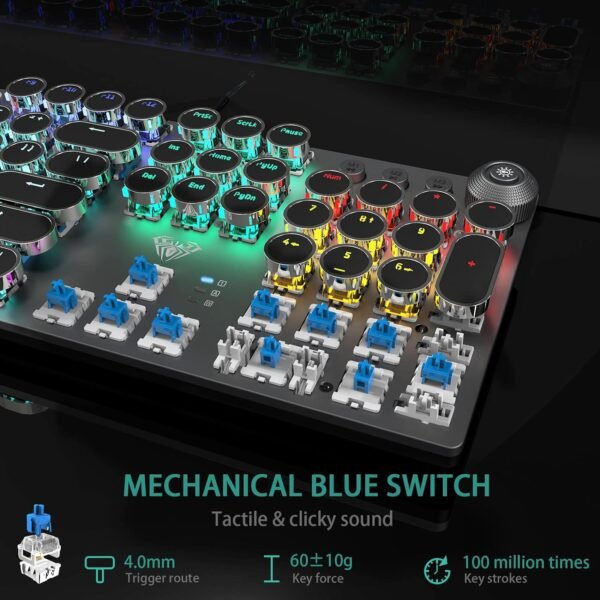 AULA F2088 Typewriter Style Mechanical Gaming Keyboard Blue Switches,Rainbow LED Backlit,Removable Wrist Rest,Media Control Knob,Retro Punk Round Keycaps,USB Wired Computer Keyboard - Image 6