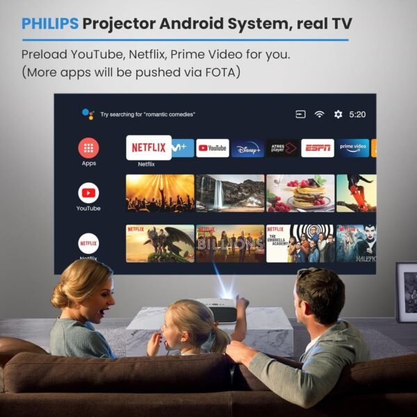 PHILIPS Android TV Projector with Apps and 5G WiFi Bluetooth - Smart Projector Built-in Netflix, YouTube, Outdoor Movie Projector 4D 4P Keystone, Zoom, Compatible w/ iOS/Android/Xbox/PS4/TV Stick/HDMI - Image 3