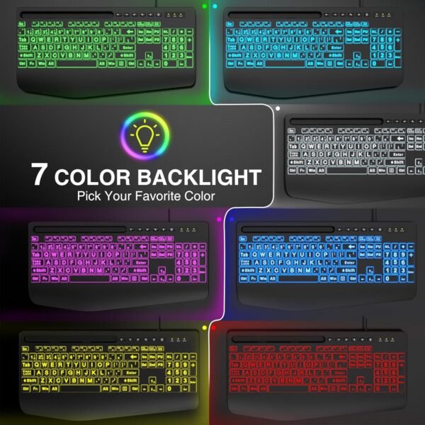 SABLUTE Large Print Backlit Computer Keyboards, Wired Lighted USB Keyboards with 7-Color Backlit, Wrist Rest, Phone Holder, Easy to Read and Type for Laptop, PC, Windows, Desktop - Image 3