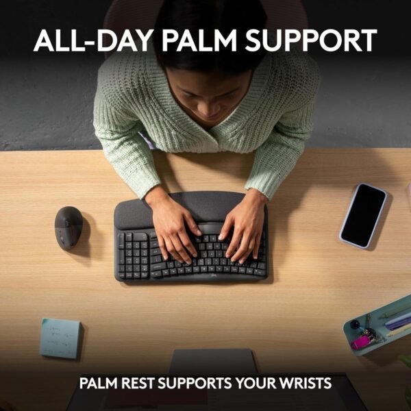Logitech Wave Keys Wireless Ergonomic Keyboard with Cushioned Palm Rest, Comfortable Natural Typing, Easy-Switch, Bluetooth, Logi Bolt Receiver, for Multi-OS, Windows/Mac - Graphite - Image 5