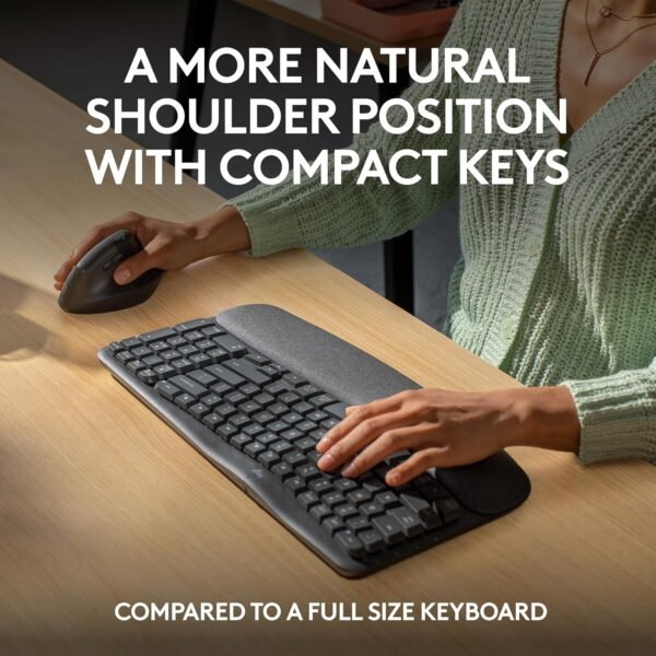 Logitech Wave Keys Wireless Ergonomic Keyboard with Cushioned Palm Rest, Comfortable Natural Typing, Easy-Switch, Bluetooth, Logi Bolt Receiver, for Multi-OS, Windows/Mac - Graphite - Image 3