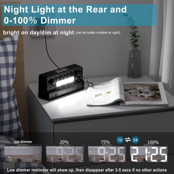Digital Alarm Clock, Big Number LED Mirror Clock with Type C & USB Charging Port, 2 Alarms,Night Light,Dimmer,Snooze,Battery Backup,12/24H, Bedside Digital Clock for Bedroom Home Office Decor Kid Teen - Image 6