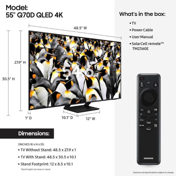 SAMSUNG 55-Inch Class QLED 4K Q70D Series Quantum HDR Smart TV with Object Tracking Sound Lite, Motion Xcelerator, Eye Comfort Mode, Gaming Hub, Alexa Built-in (QN55Q70D, 2024 Model) - Image 3