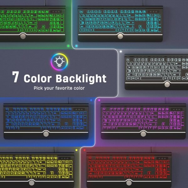 Computer Wired Keyboard, Large Print Backlit Keyboard with Wrist Rest, 7-Colors Backlit, Plug and Play, Foldable Stands, Spill-Resistant, Corded Full Size Keyboard for Windows, PC, Laptop - Image 4
