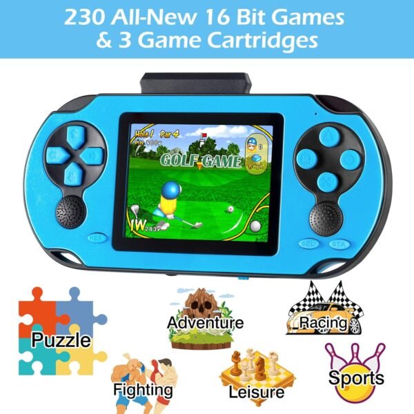 16 Bit Handheld Game Console for Kids Adults, 3.0'' Large Screen Preloaded 230 HD Classic Retro Video Games with USB Rechargeable Battery & 3 Game Cartridges for Birthday Gift for Kids 4-12 - Image 3