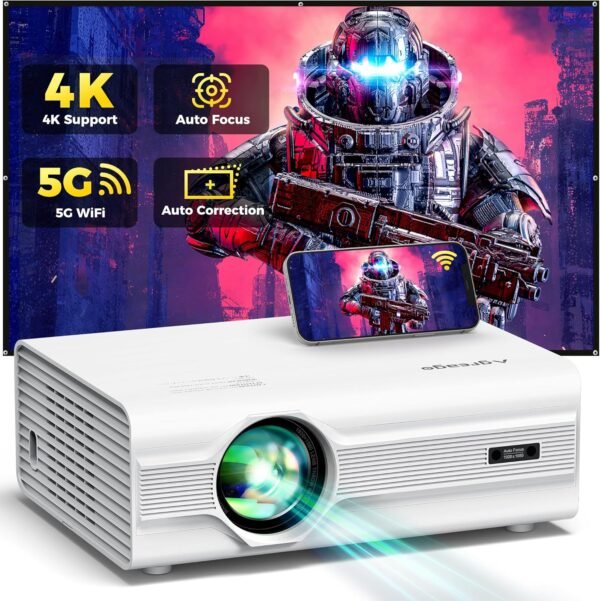 [Auto Focus/Keystone] Projector with WiFi 6 and Bluetooth 5.2, 600 ANSI Native 1080P 4K Supported, Agreago Outdoor Projector with Screen, Movie Projector Compatible with HDMI/USB/TV Stick - Image 2